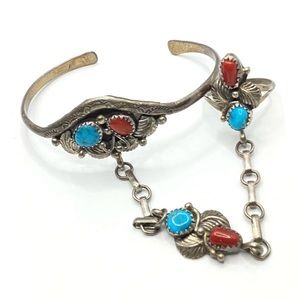 Signed - Benson Yazzie, Navajo. Vntg Sterling Turquoise Coral Slave Cuff / Ring